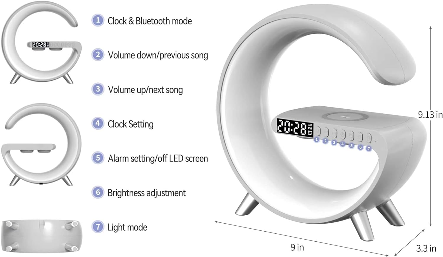 شاحن لاسلكي 5 في 1 مع مكبر صوت بلوتوث، ساعة منبه، ضوء ليلي LED - متجر دكان